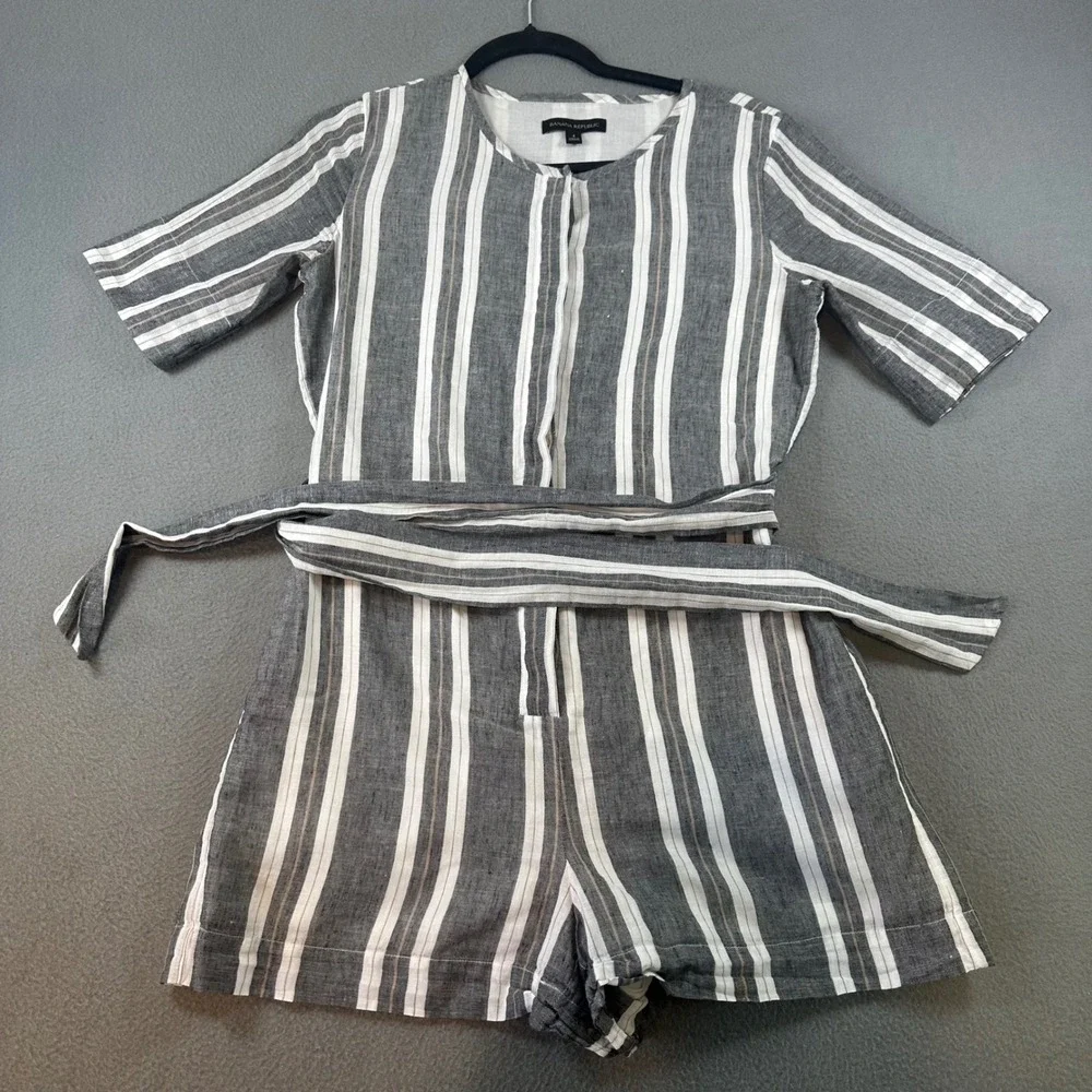 Banana Republic Grey White Striped Linen Blend Short Sleeve Romper Size 4